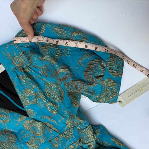NWT Happy x Nature by Kate Hudson Teal & Gold Brocade Puff Sleeve Jumpsuit - Picture 7 of 15